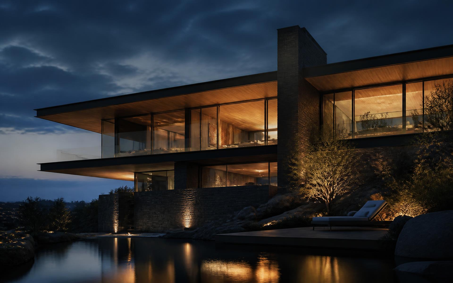 Contemporary hillside residence at dusk with warm interior light