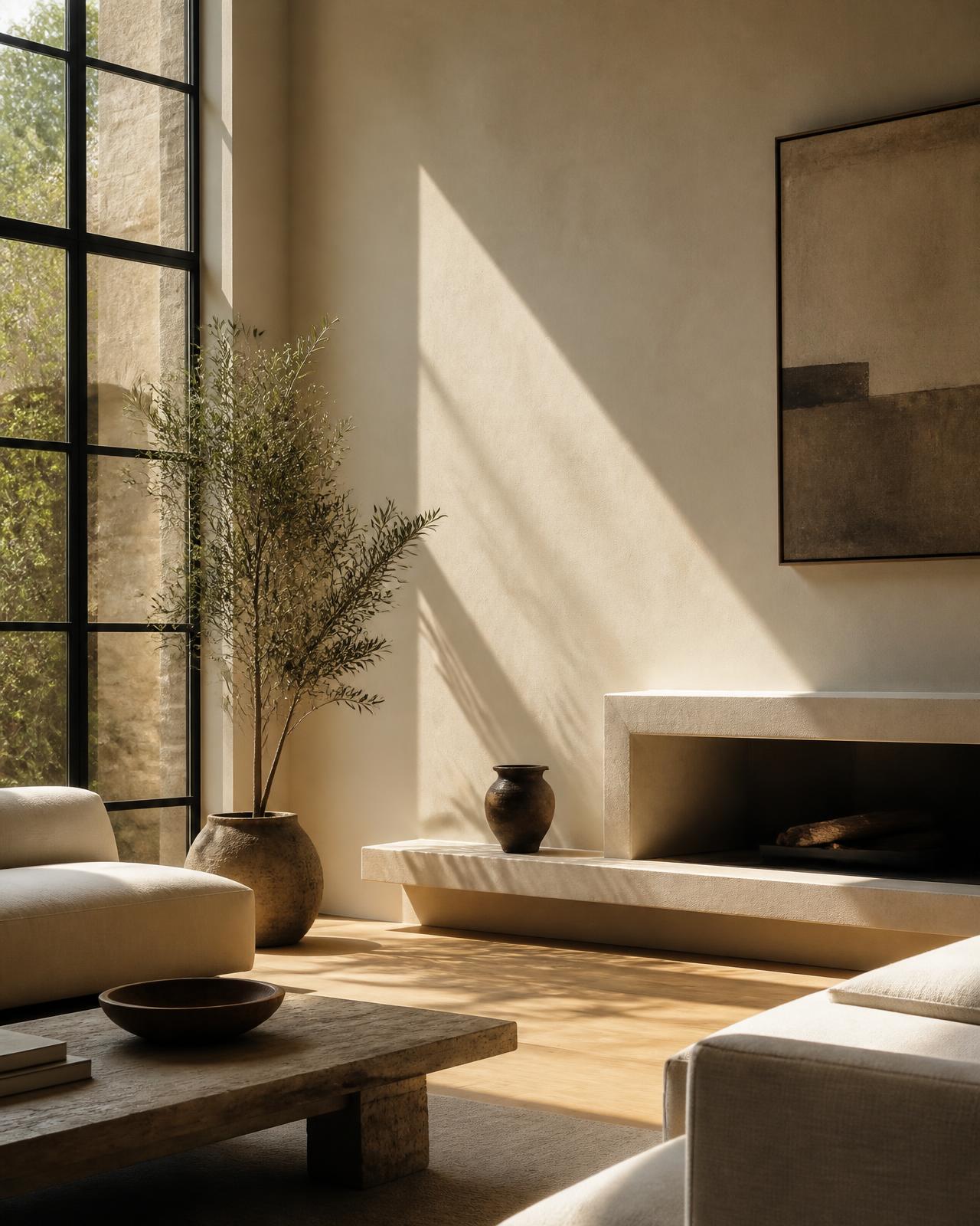 Sunlit modern living room with warm plaster walls