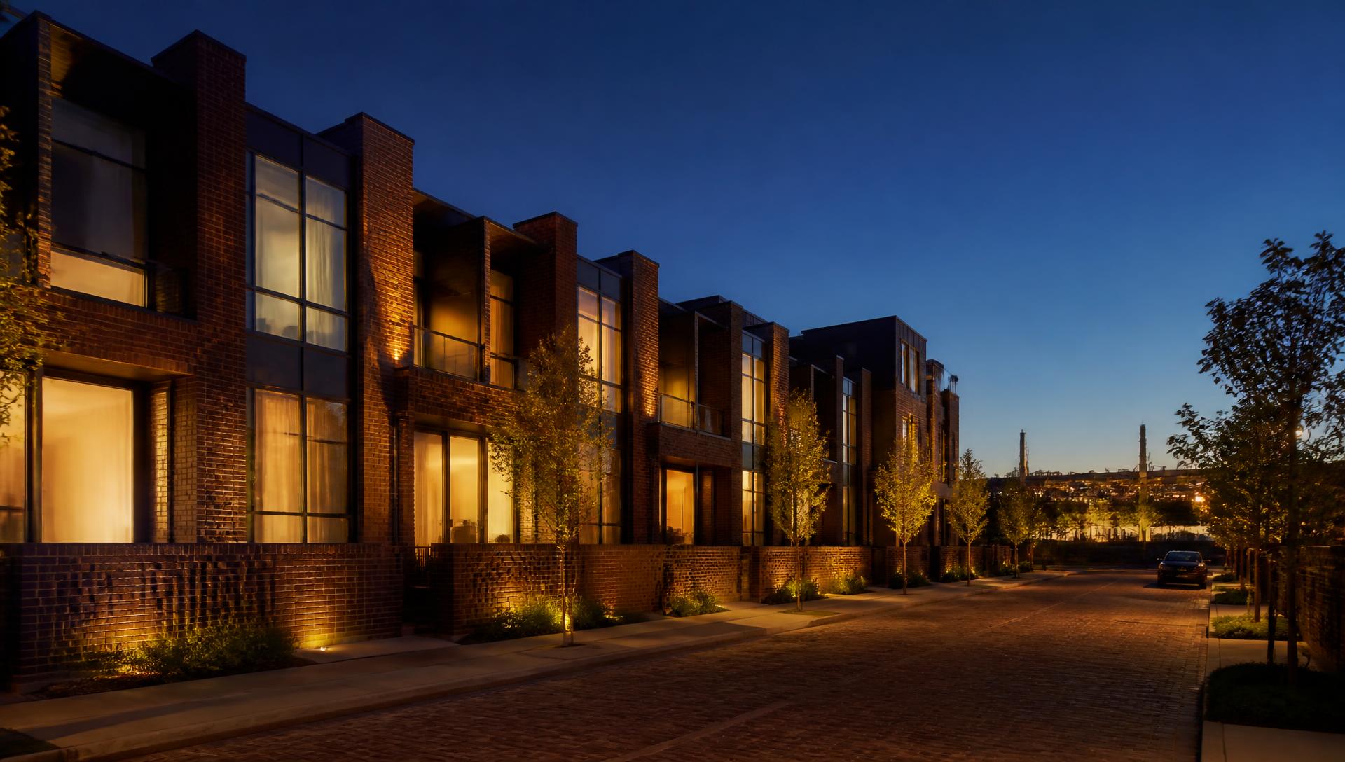 Row of brick and glass townhomes at blue hour
